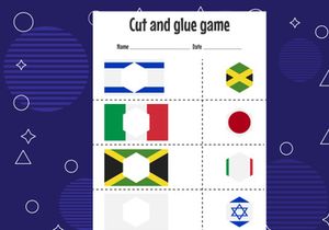 12 Pages Cut and glue game for kids with country flag. Cutting practice for preschoolers. Education paper game for children