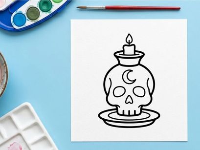 Queimador de incenso de caveira cerâmica de Halloween com bastão aceso. Suporte de vela decorativo assustador para o Dia dos Mortos ou decoração de casa gótica.