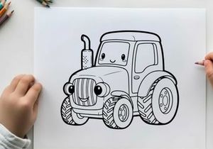 Cute blue tractor smiling vector illustration flat design