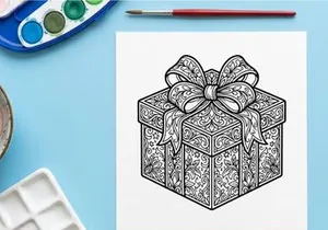 Christmas gift box with ornate floral patterns and a large decorative ribbon bow illustration