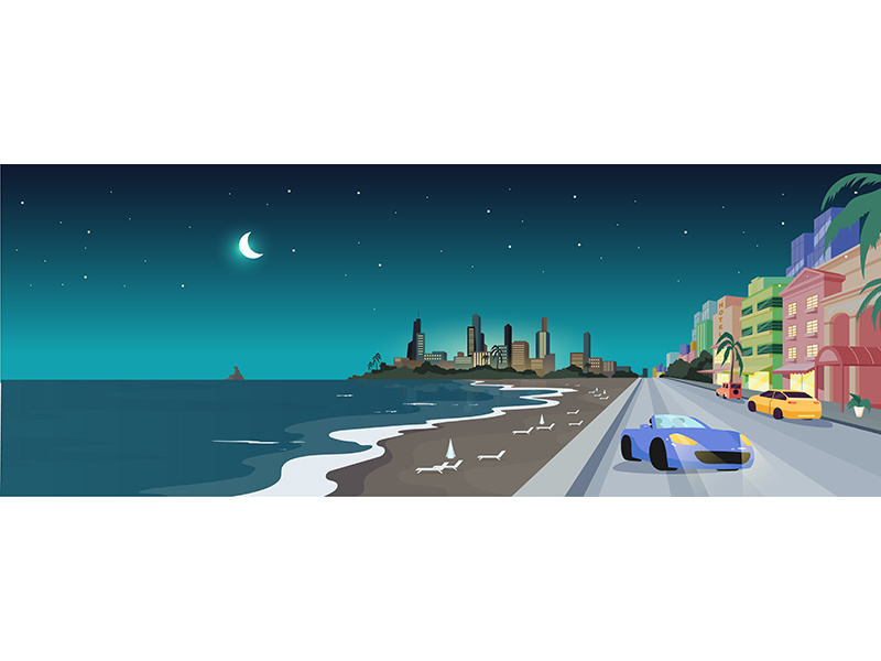 South beach at night flat color vector illustration