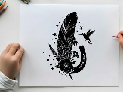 Silhouette of feather hummingbird and horseshoe with flowers and stars