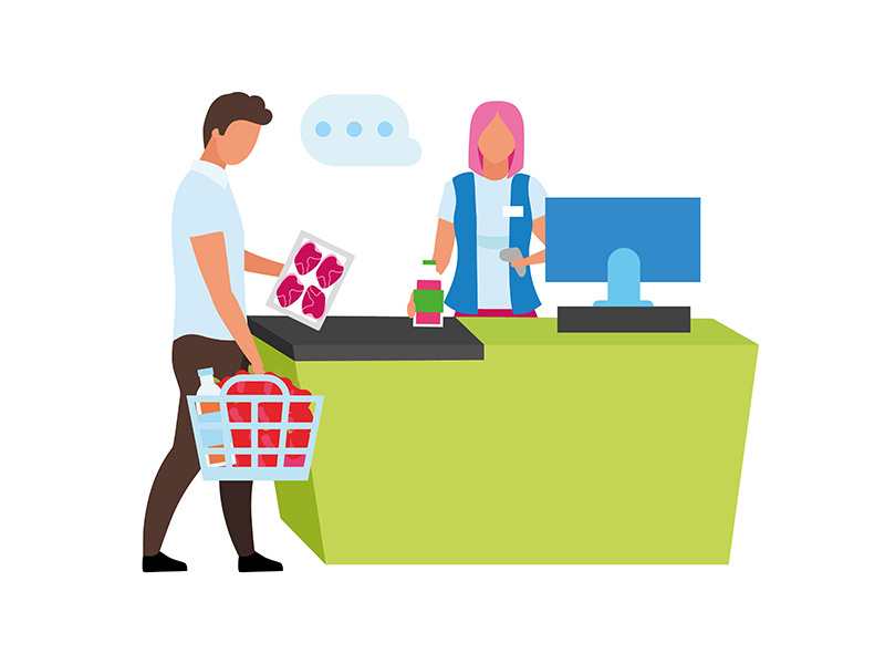 Cashier scanning customer products semi flat color vector characters