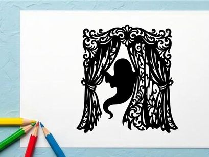 Silhueta de um cavalo-marinho atrás de cortina ornamentada com design elegante