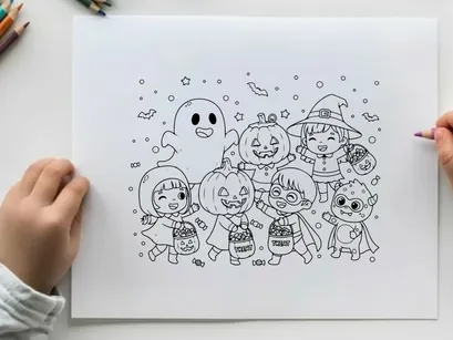 Halloween kids trick or treat group vector illustration flat design