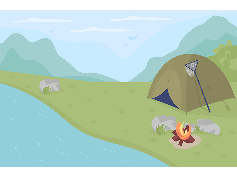 Fishing camp flat color vector illustration