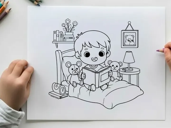 Cute child reading bedtime story with teddy bears vector illustration