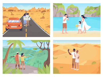 Travel destinations with friends and lovers color vector illustration set preview picture