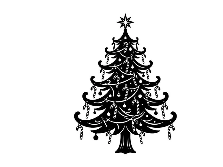 Siluet pohon Natal hitam dengan permen tongkat dan bintang terisolasi di latar belakang putih.