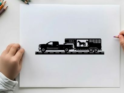 Black silhouette of a pickup truck with horse trailer