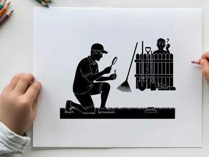 Silhouette of a man kneeling with gardening tools nearby silhouette