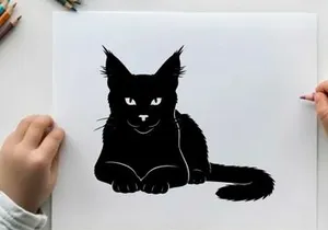 Silhouette of a black cat lying down looking forward