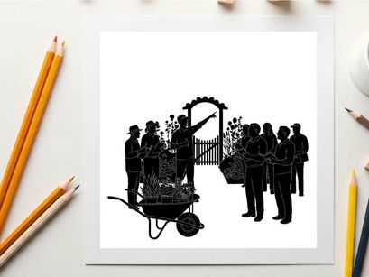 Silhouette of a group gathered around a hearse at a cemetery gate