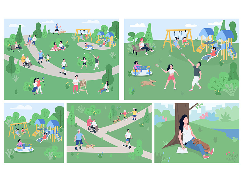 Rest in park flat color vector illustrations set