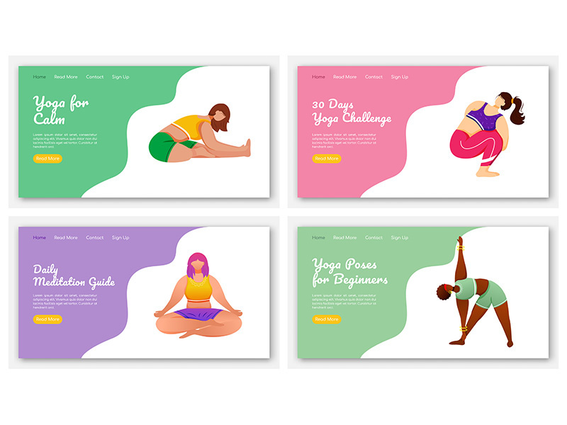 Yoga and meditation poses landing page vector template set