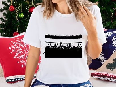 Concert crowd silhouette with raised hands in front of bright white background