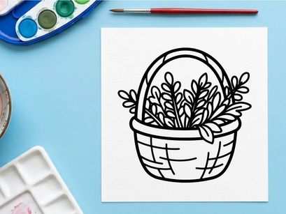 Hand-drawn Halloween basket filled with autumn leaves. Whimsical woven trick-or-treat container holding fall foliage for seasonal decor.