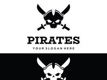 Pirate silhouette logo design with crossed swords, skull and bones.Vector illustration.
