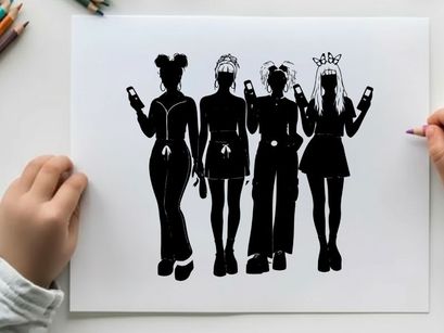 Four women in silhouette checking their phones together
