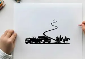 Silhouette of a truck towing a horse trailer with riders in a unique combination