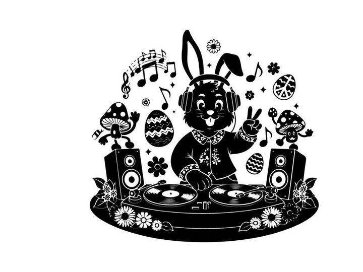 Easter bunny dj silhouette spinning records with easter eggs