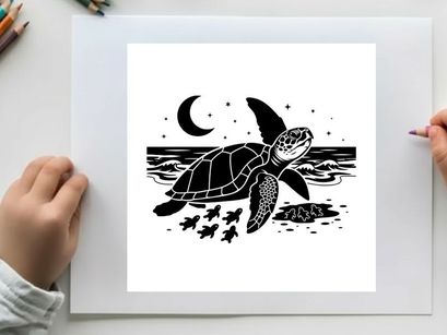 Silhouette of a sea turtle swimming under a crescent moon