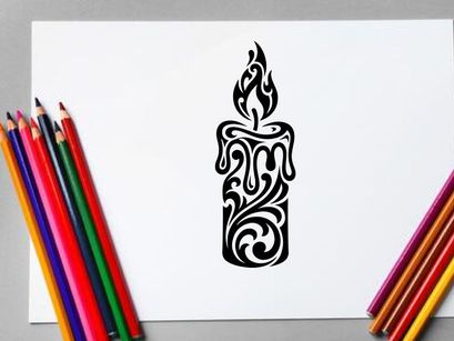 Stylized Candle Tattoo Design with Tribal Flames and Ornamental Details