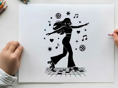 Retro silhouette of woman roller skating with music symbols