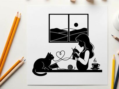 Silhouette of a woman knitting with cat and scenic view