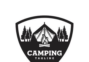 Pine trees and camping tent textured logo design vector illustration