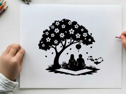 Couple relaxing under a cherry blossom tree with hot air balloon