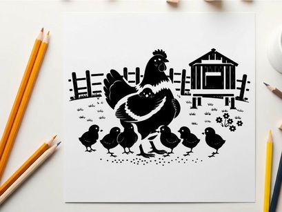 Mother hen and chicks silhouette on farm yard scene