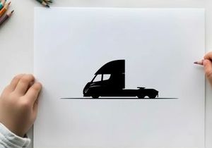 Silhouette of a semi truck driving on a road with a curved cab silhouette