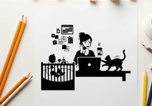 Silhouette of woman working with cat and baby nearby
