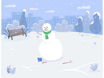 Snowman in urban park semi flat vector illustration preview picture