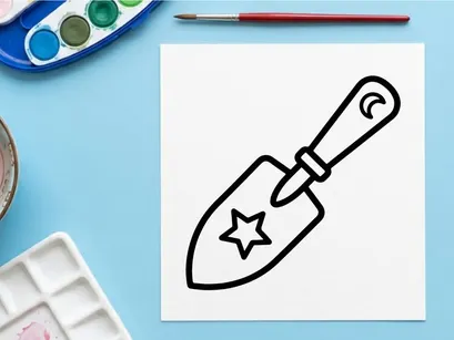 Witch garden trowel icon. Magical shovel with star and moon symbols for gardening.