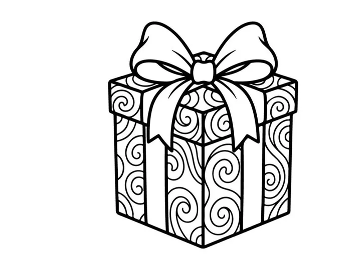 Christmas gift box with swirl pattern and bow, black and white line art illustration.
