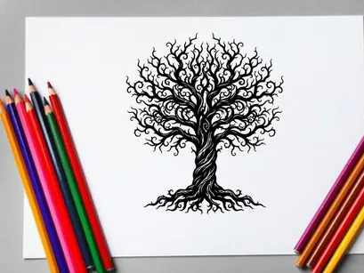 Black silhouette of a leafless tree with intricate branches