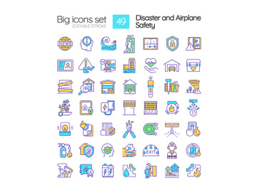 Disaster and airplane safety RGB color icons set preview picture