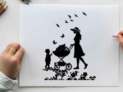 Silhouette of woman pushing stroller with child and birds