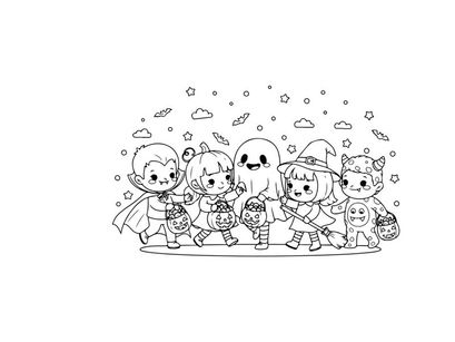 Halloween kids group trick or treat vector illustration