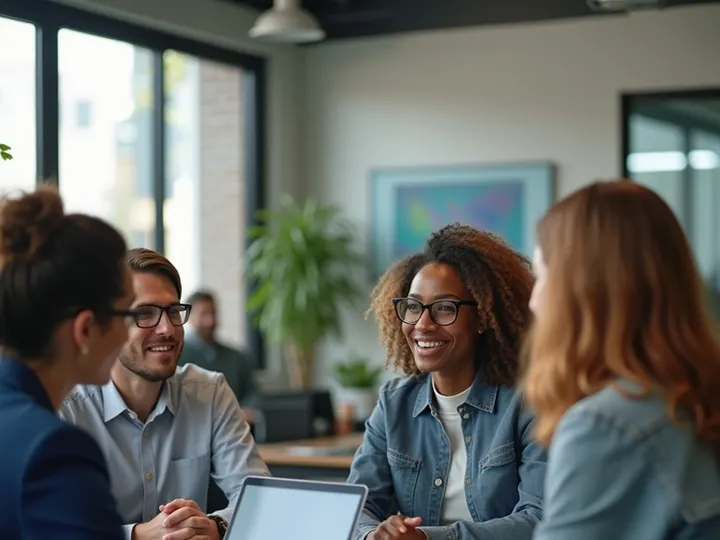 A diverse group of professionals collaborate around a table, reviewing data on a laptop.