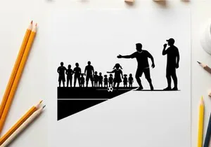 Silhouette of a man guiding children in a soccer game with coach