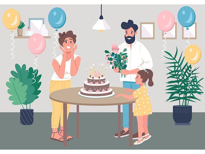 Surprise bday party flat color vector illustration