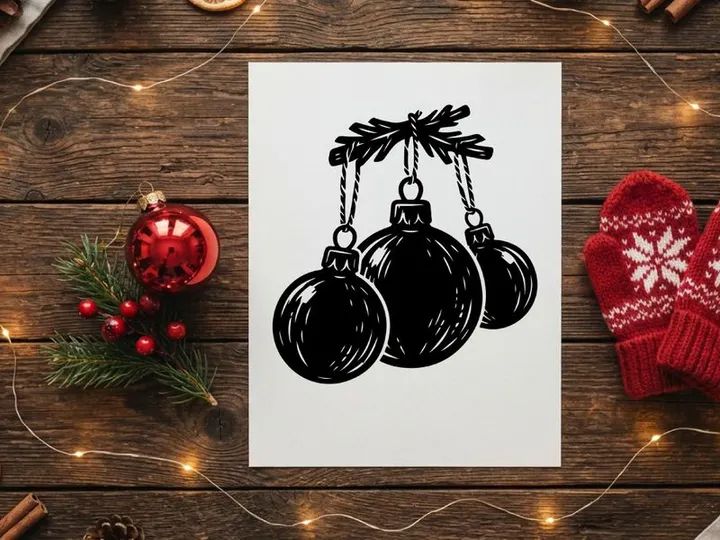 Handgezeichnete Weihnachtskugeln an einem Tannenzweig – festliche Illustration für die Feiertage