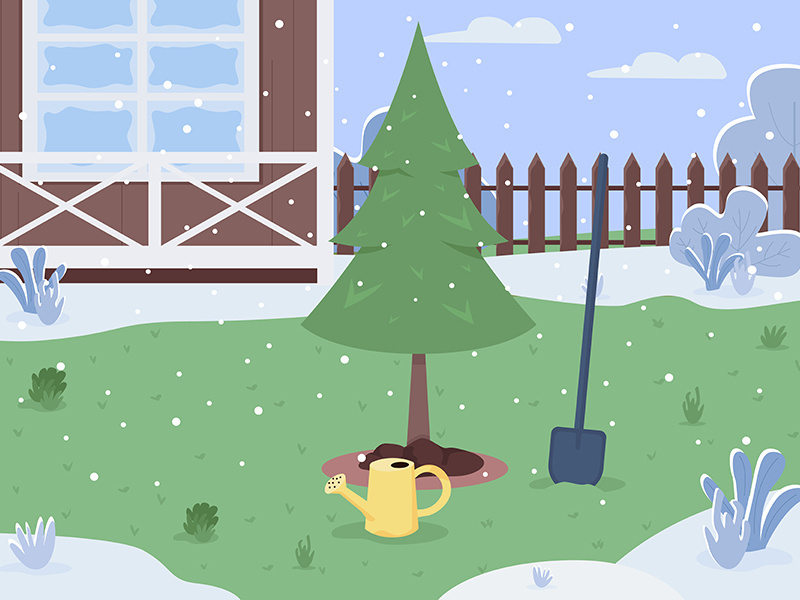 Winter backyard semi flat vector illustration