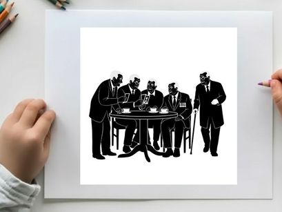 Silhouette of five men in suits gathered around a table with a sixth standing