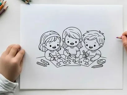 Three kids drawing together vector illustration flat design