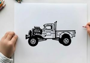 Silhouette of a vintage pickup truck with large tires and exposed engine silhouette