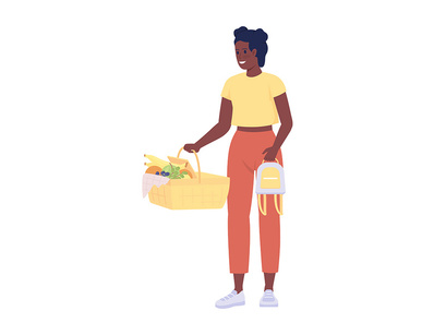 Teenagers showing food for picnic semi flat color vector characters set